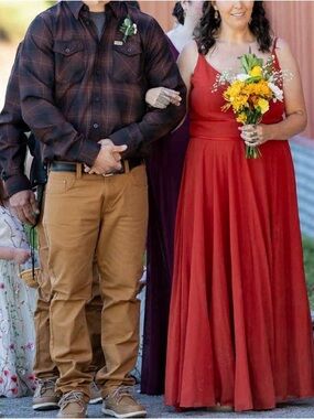 Rust Colored V-Neck Spaghetti Strap Bridesmaid Dress